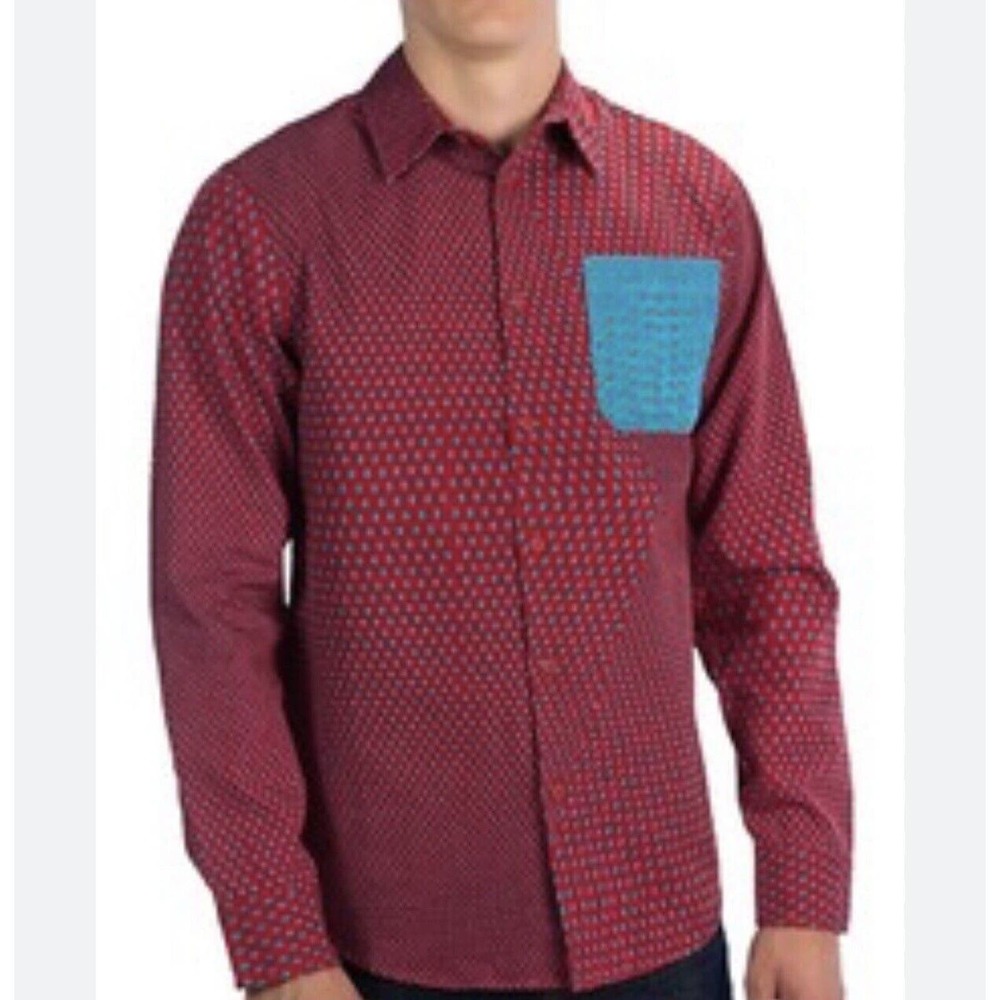 Altamont‎ Mens Red Blue Polka Dot LS Button Up Contrast Pocket Shirt Top Large